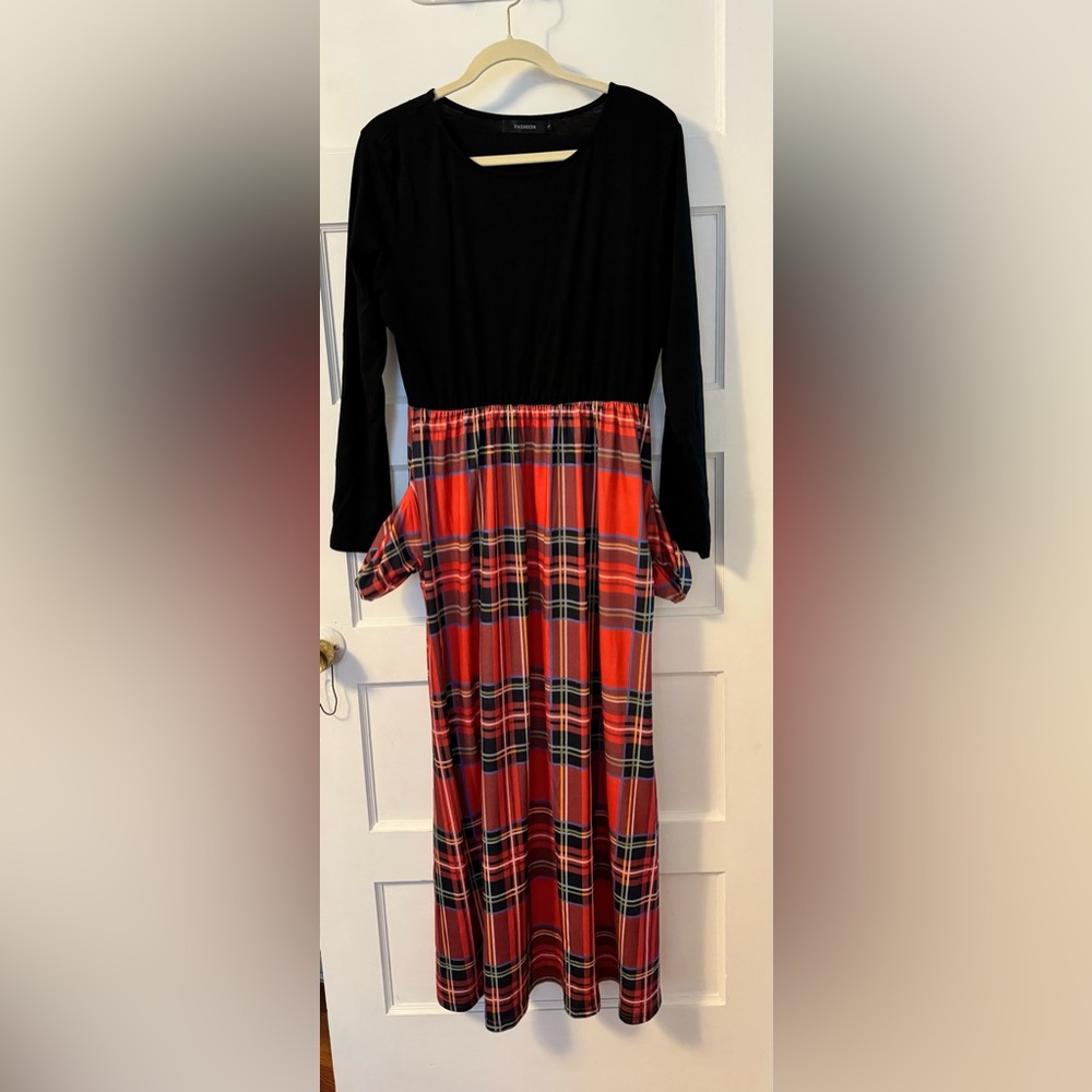 Merokeety long sleeve empire waist plaid full length maxi dress